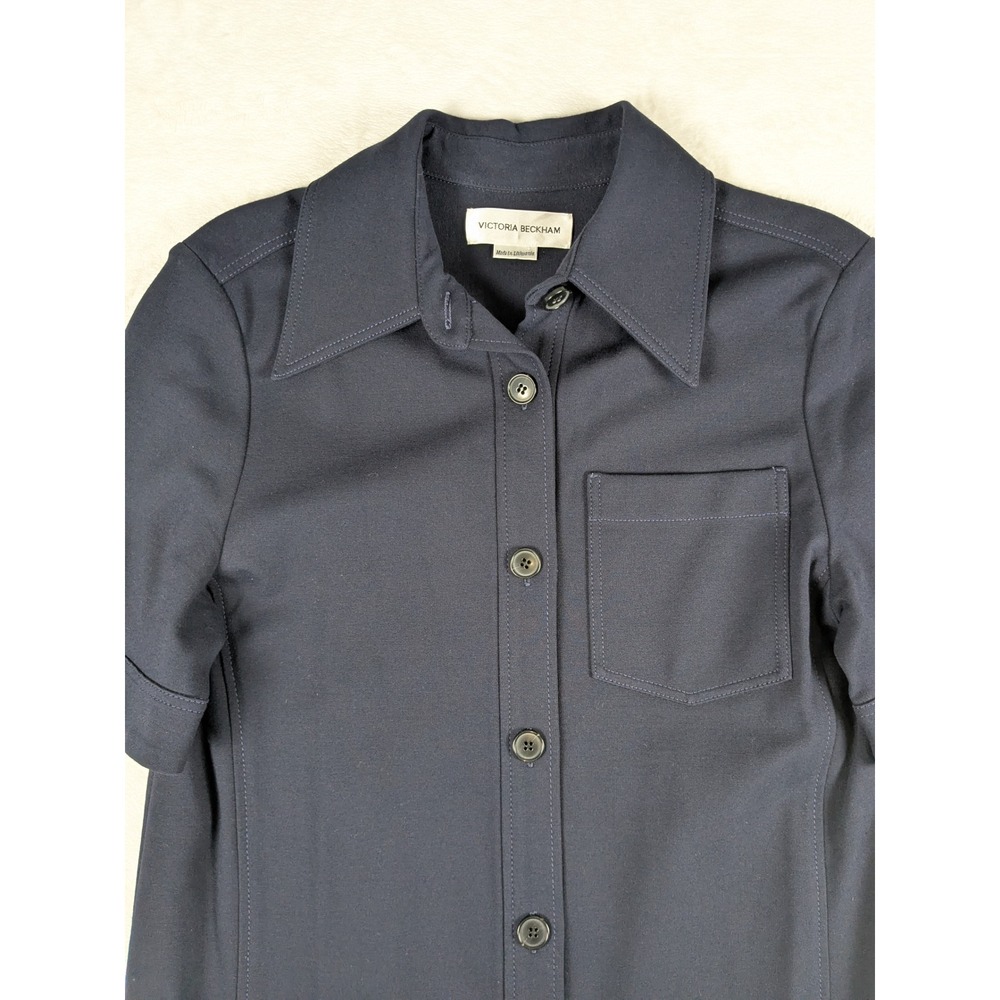 Victoria Beckham Dark Navy Short Sleeve Collared Button Front Shirt Dress Size 4